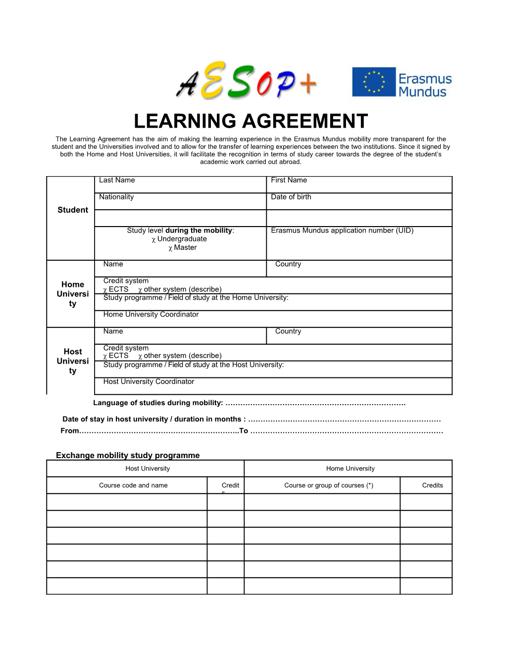 EUROEAST Learning Agreement