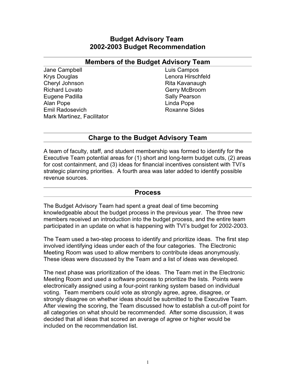 Budget Advisory Group