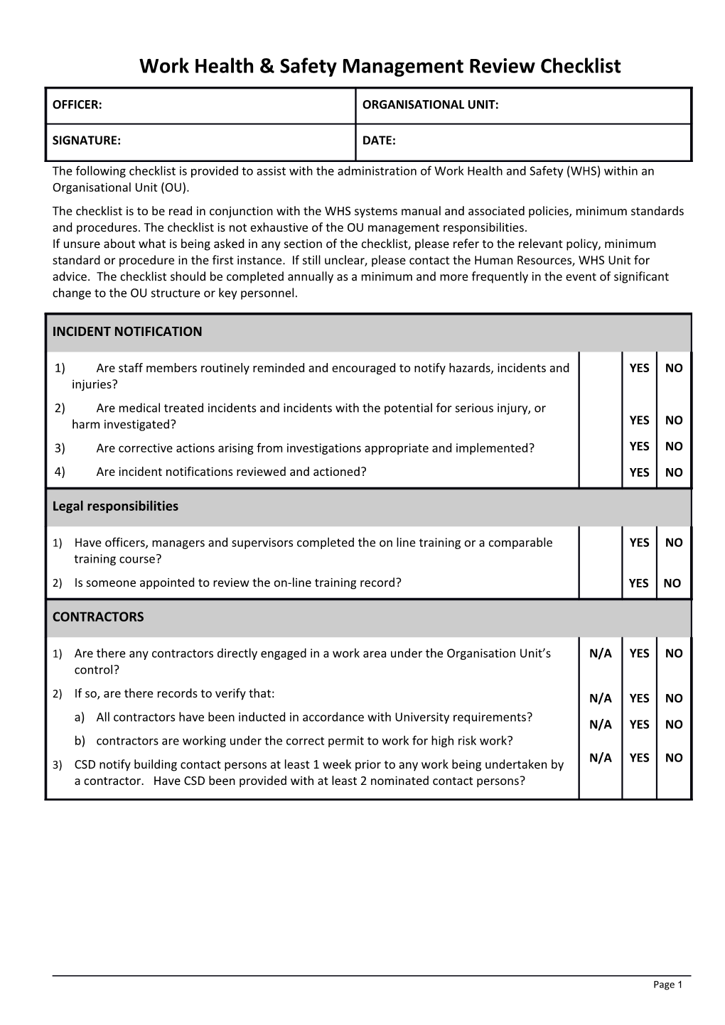 Work Health & Safety Management Review Checklist