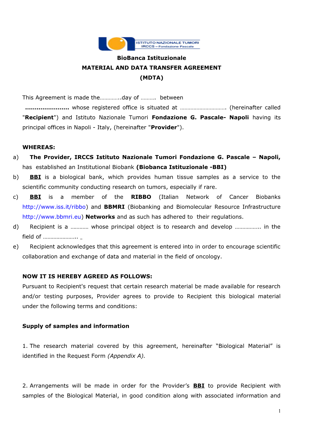 Material and Data Transfer Agreement