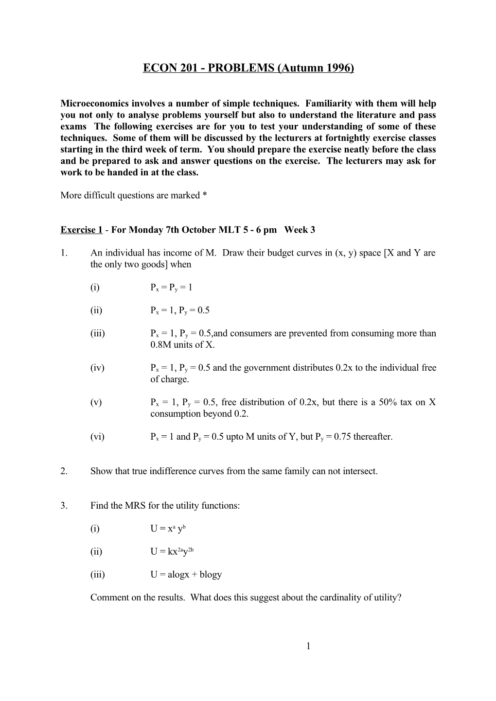 ECON 201 - PROBLEMS (Autumn 1996)