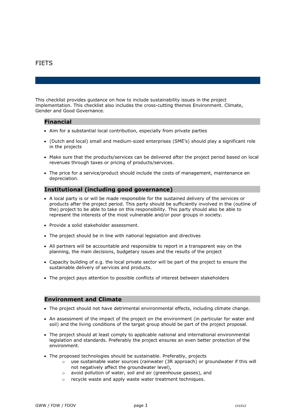 Appendix X FIETS Checklist Sustainability Sustainable Water Fund Projects