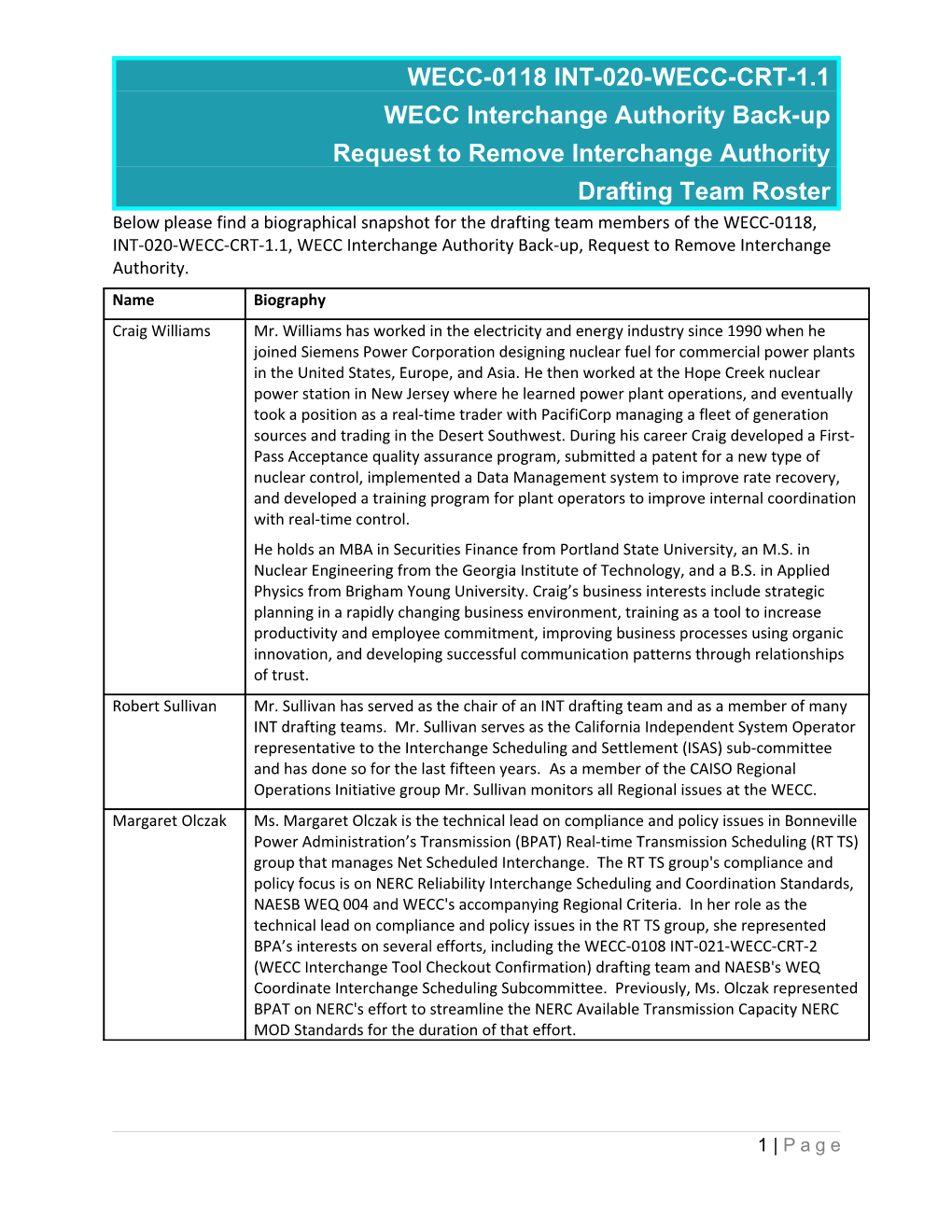 WECC-0118 INT-020-WECC-CRT-1.1 IA Replacement Drafting Team Roster with Biographies