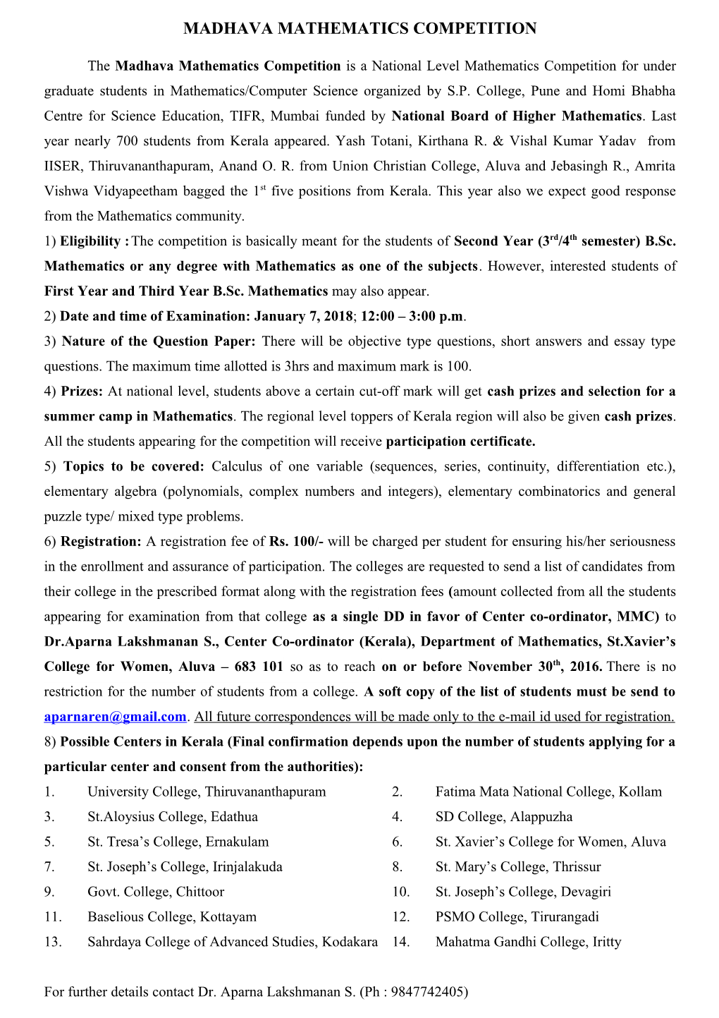1) Name of the Competition: Madhava Mathematics Competition