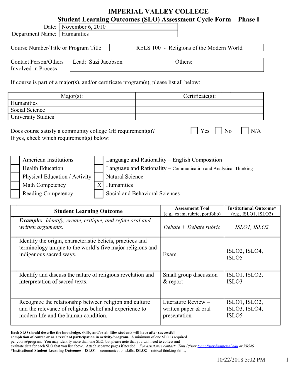 Student Learning Outcomes (SLO) Assessment Cycle Form Phase I