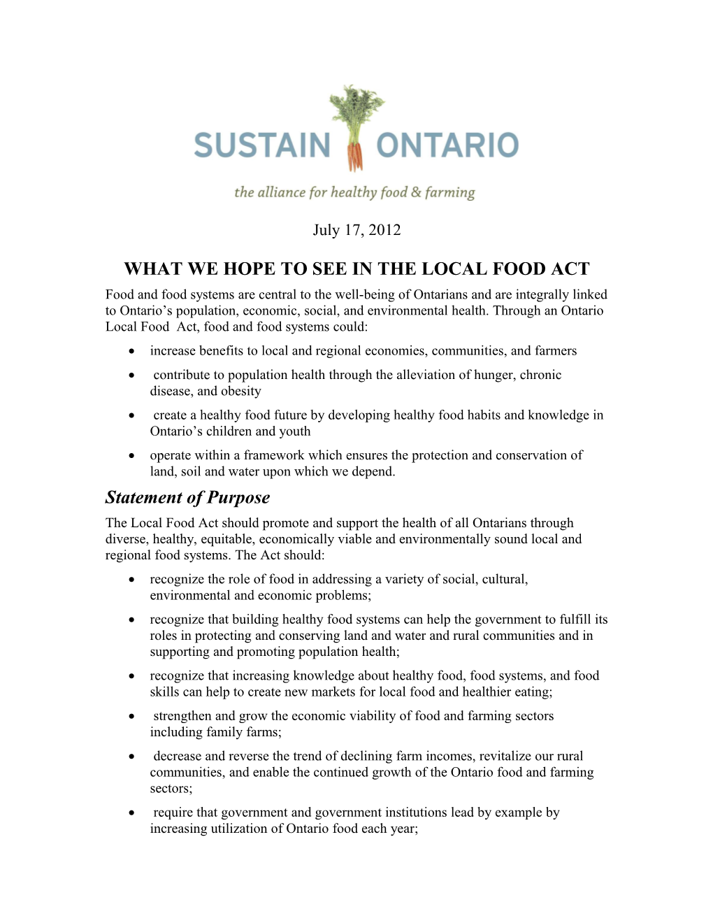 DRAFTS Local Food Act Statement of Expectations Or Purpose 19 June 2012