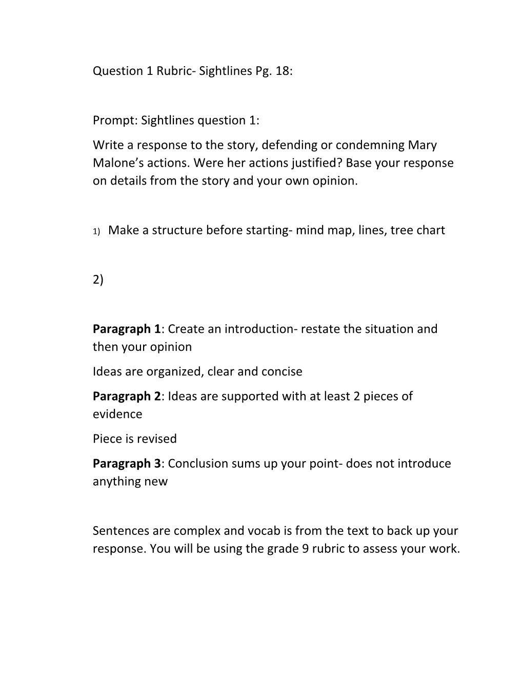 Question 1 Rubric- Sightlines Pg. 18