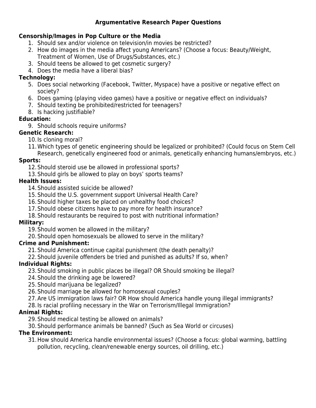 Argumentative Research Paper Topics