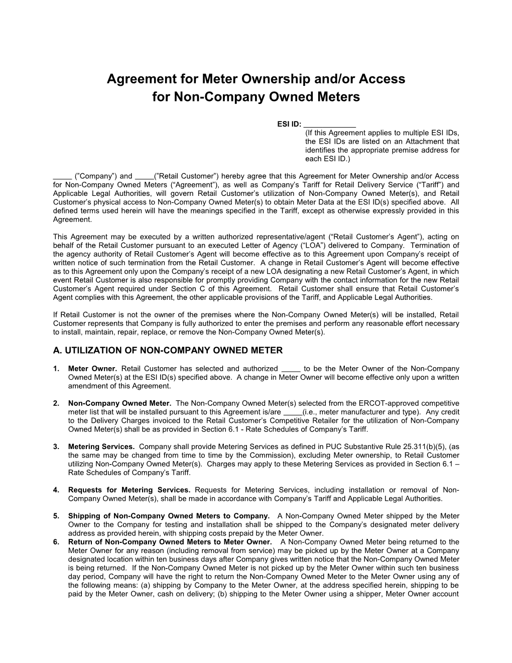 Agreement for Meter Ownership And/Or Access