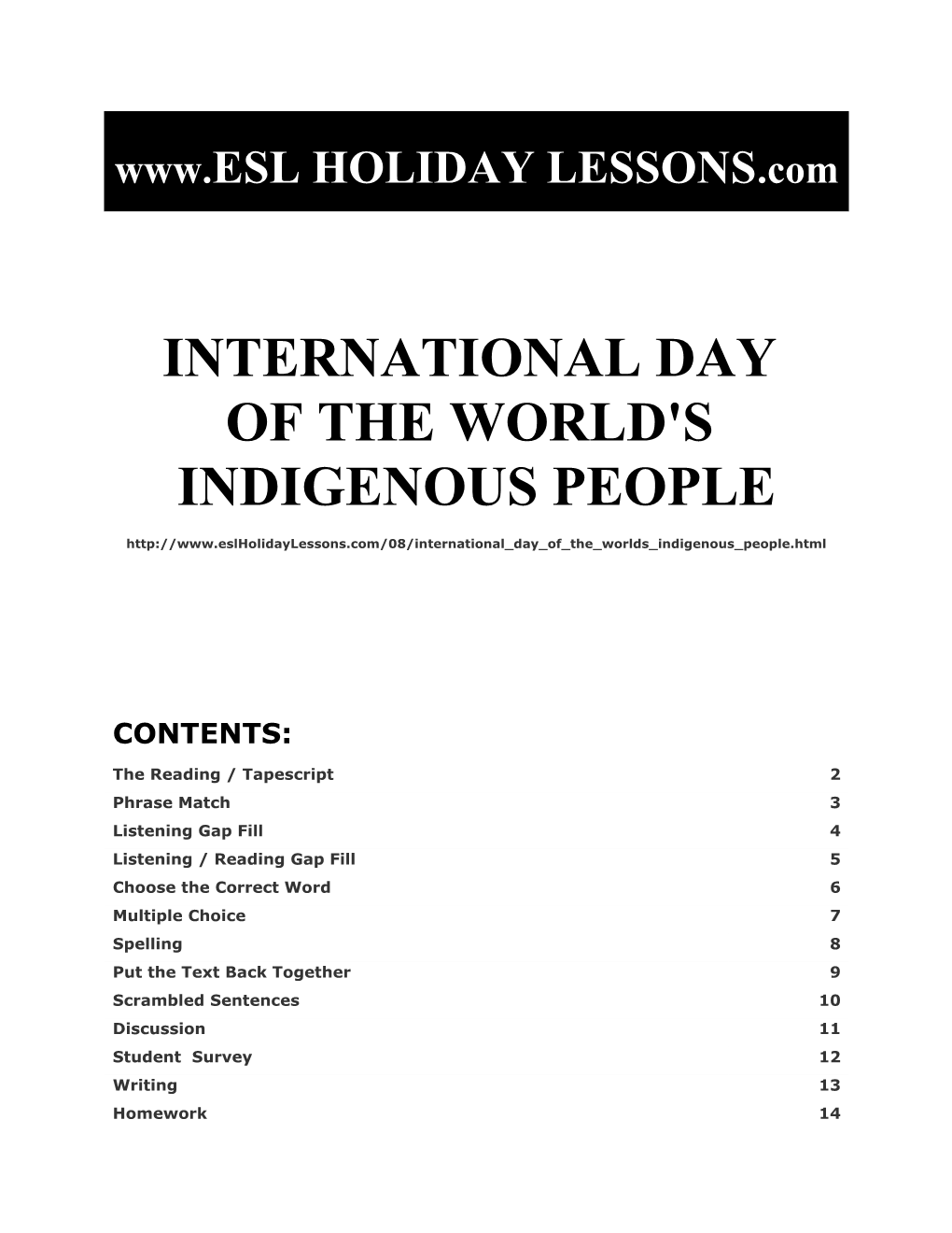 Holiday Lessons - International Day of the World's Indigenous People