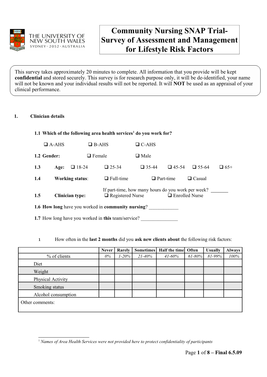 Community Nursing SNAP Trial- Survey of Assessment and Management for Lifestyle Risk Factors