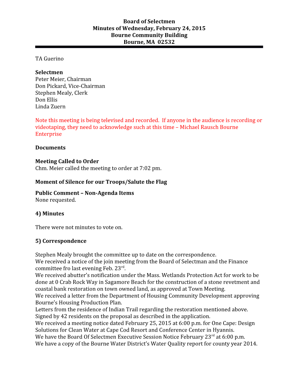Board of Selectmen S Minutesfebruary 24, 2015