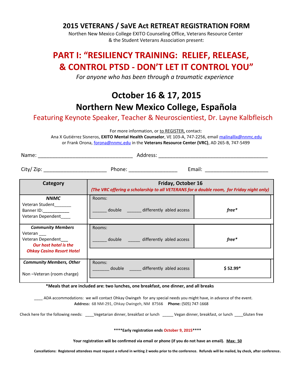 2015 VETERANS / Save Actretreat REGISTRATION FORM