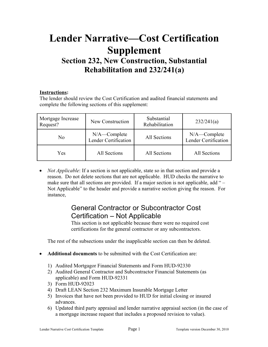 Lender Narrative Cost Certification Supplement
