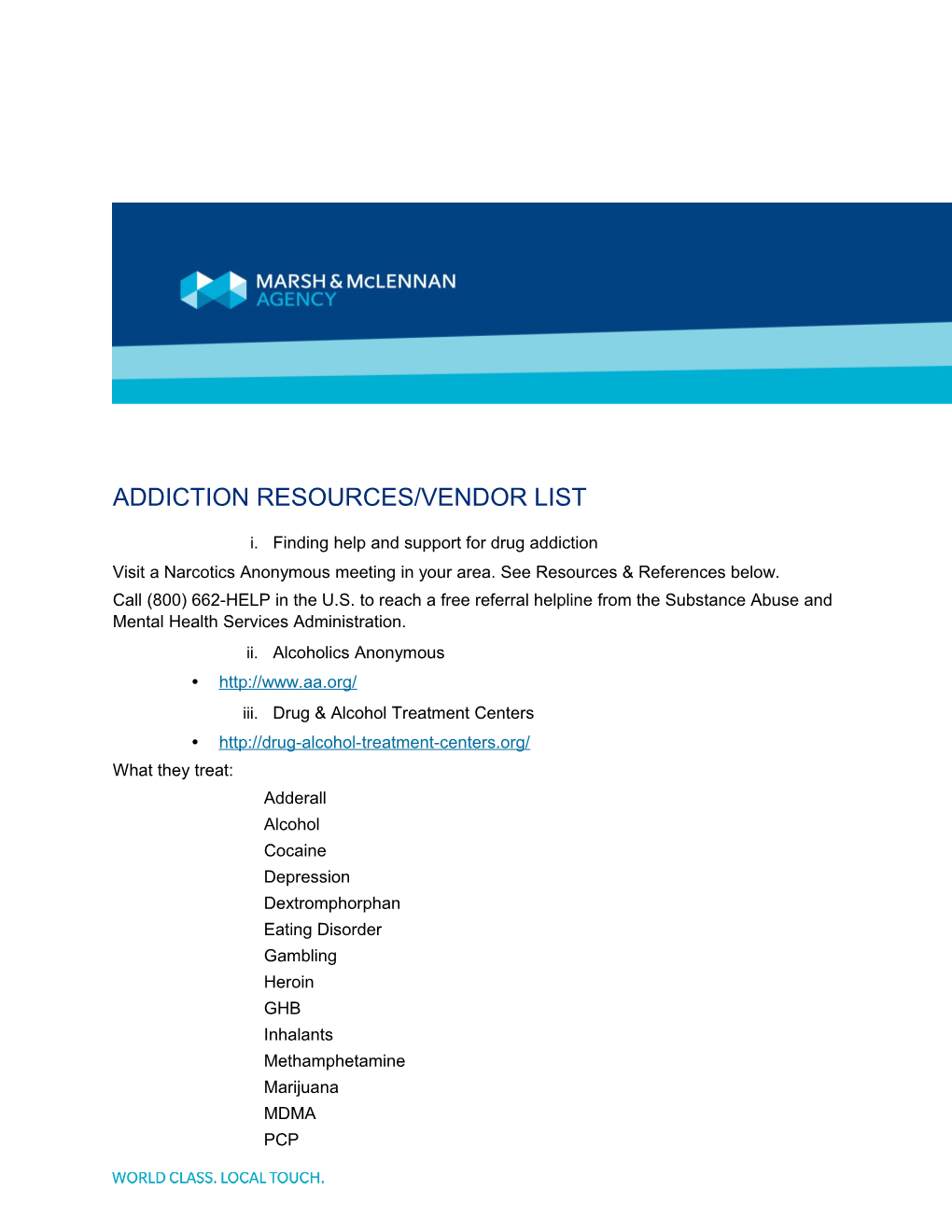 Addiction Resources/Vendor List