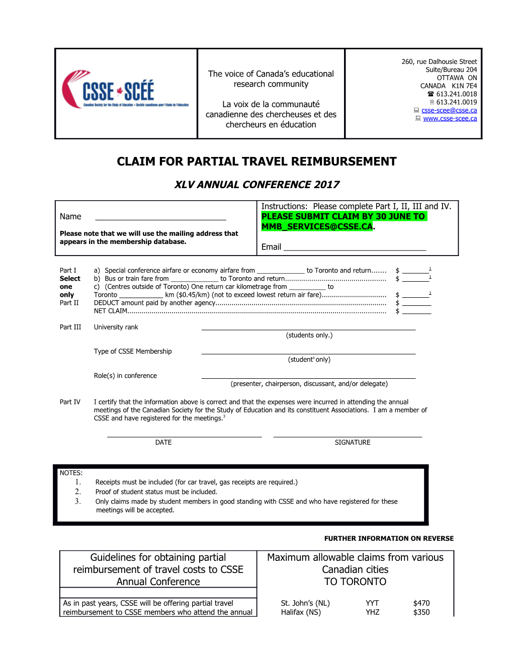 Claim for Partial Travel Reimbursement
