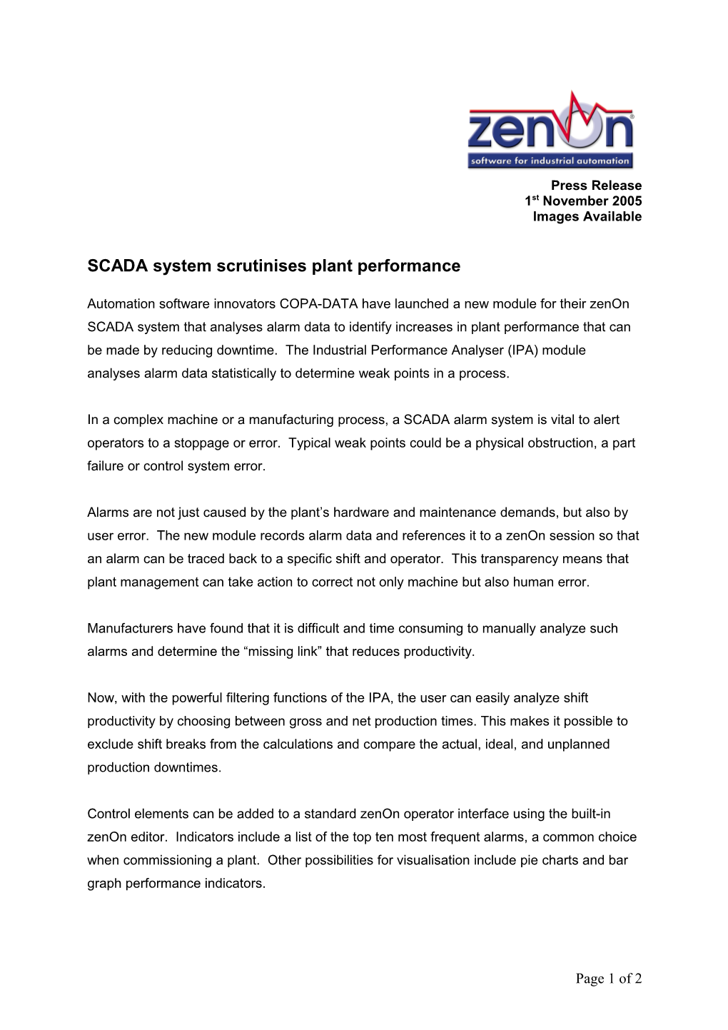 COPA-DATA PR: SCADA System Scrutinises Plant Performance