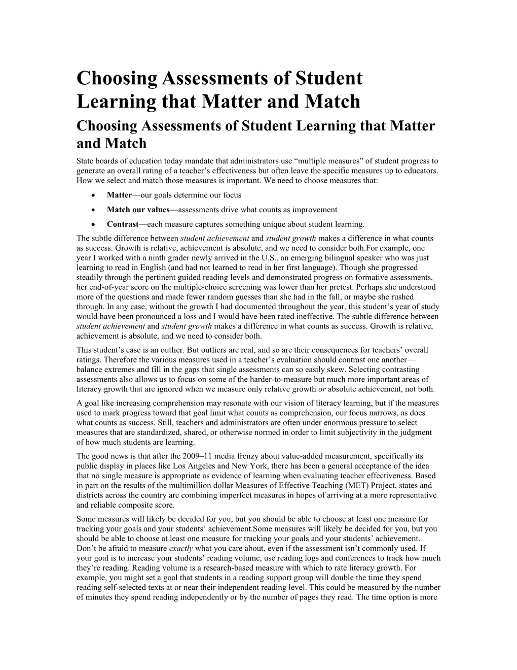 Choosing Assessments of Student Learning That Matter and Match