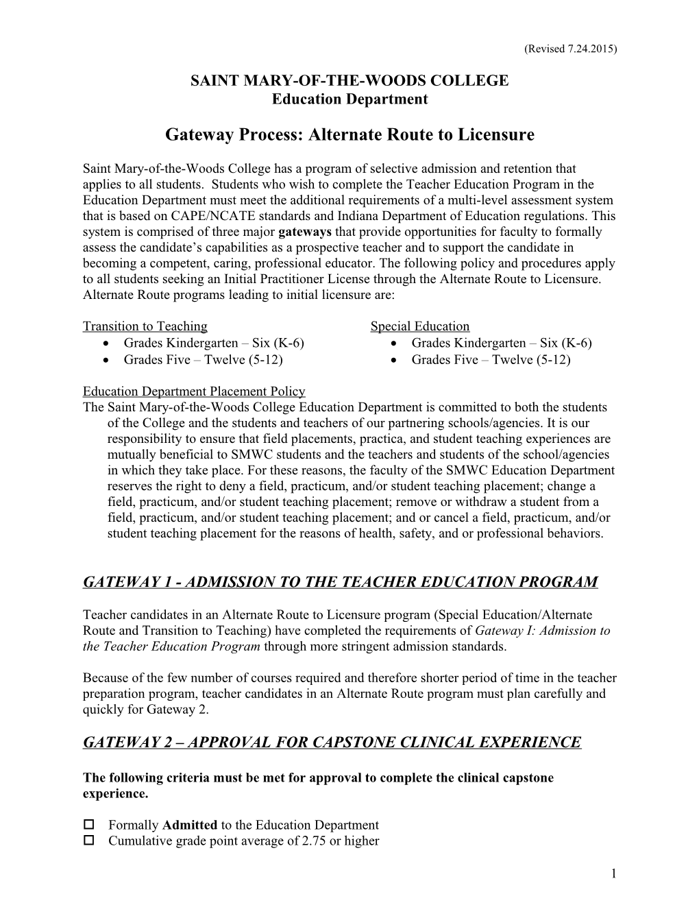 Gateway Process: Alternate Route to Licensure