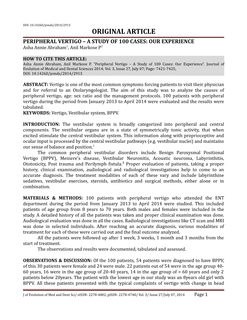 Peripheral Vertigo a Study of 100 Cases: Our Experience