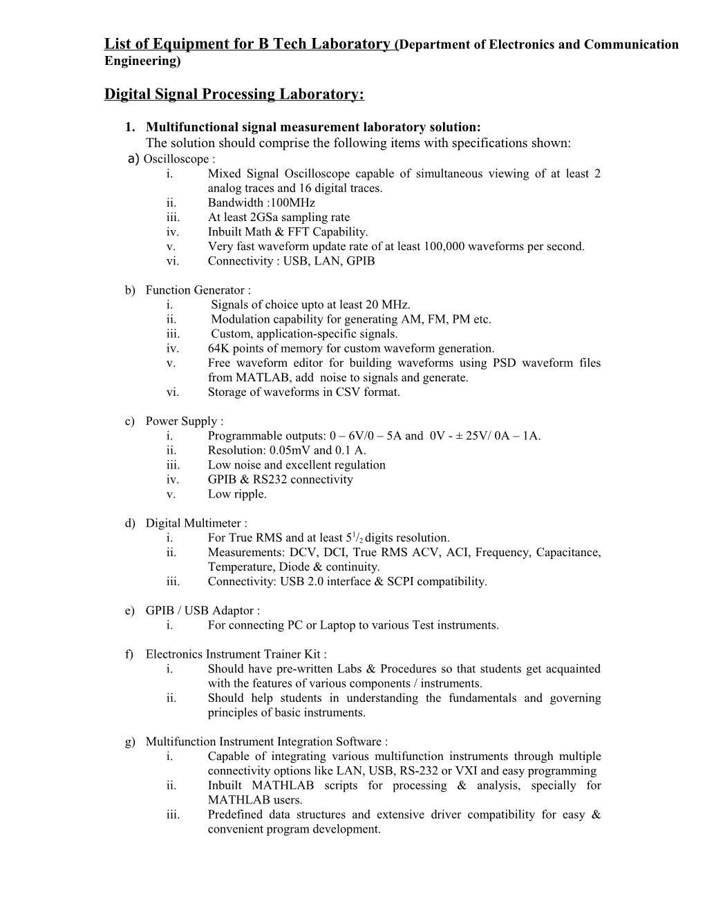 List of Equipment for B Tech Laboratory (Department of Electronics and Communication