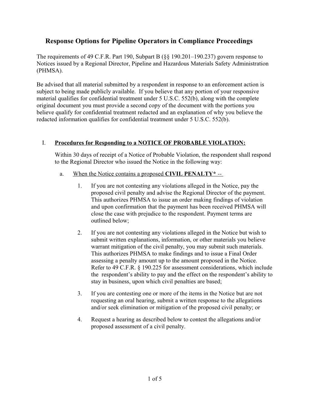 Response Options for Pipeline Operators in Compliance Proceedings