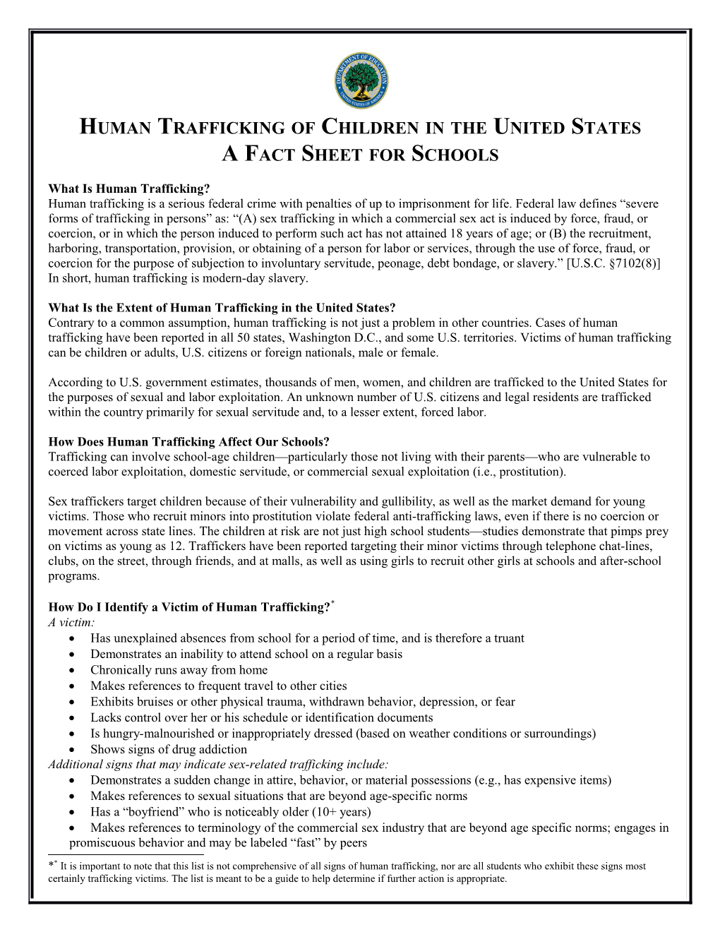 Human Trafficking of Children in the US a Fact Sheet for Schools (MS Word)