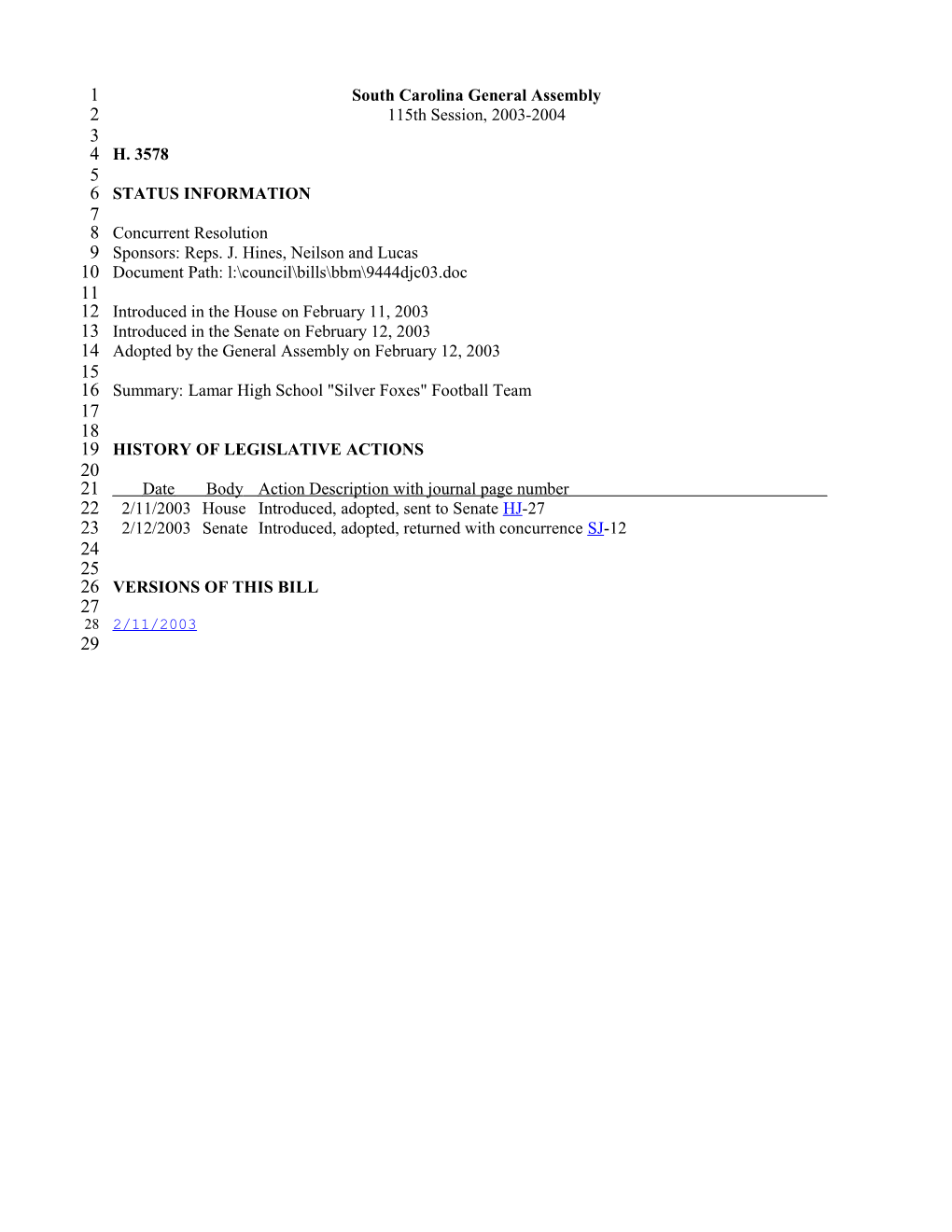 2003-2004 Bill 3578: Lamar High School Silver Foxes Football Team - South Carolina Legislature