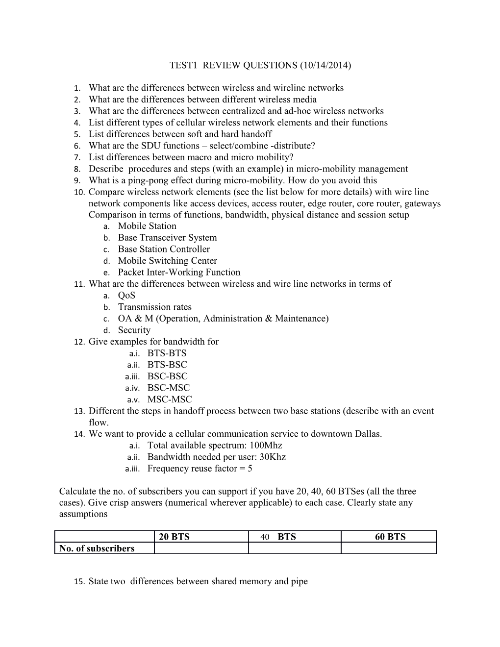 Test1 Review Questions (10/14/2014)