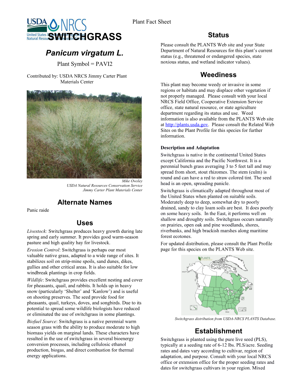 Switchgrass, Panicum Virgatum L .Plant Fact Sheet