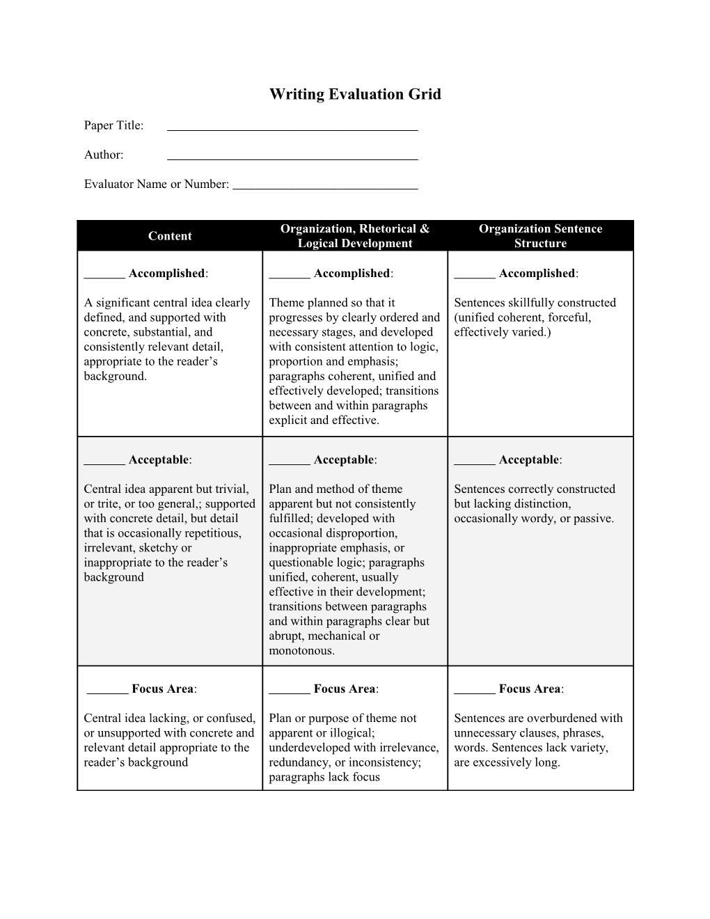 Writing Evalutoin Grid