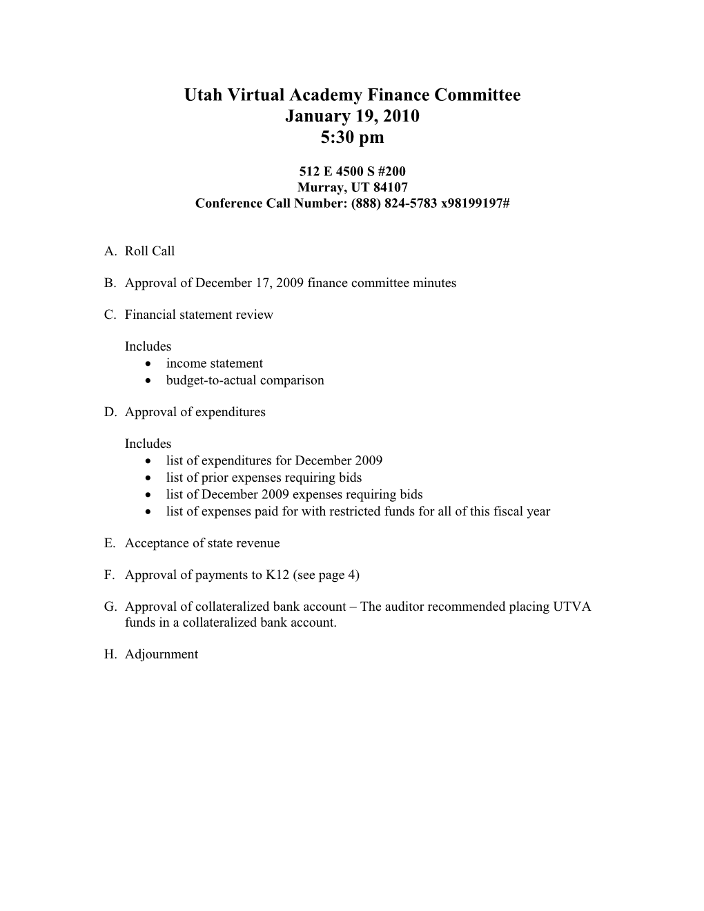 Utah Virtual Academy Finance Committee Meeting Agenda