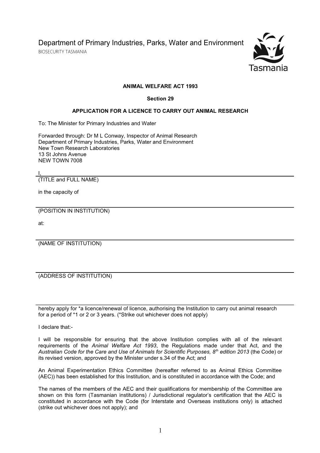 Animal Research Licence Application Form