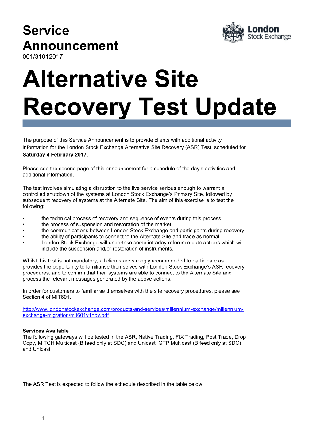 Alternate Site Recovery Test