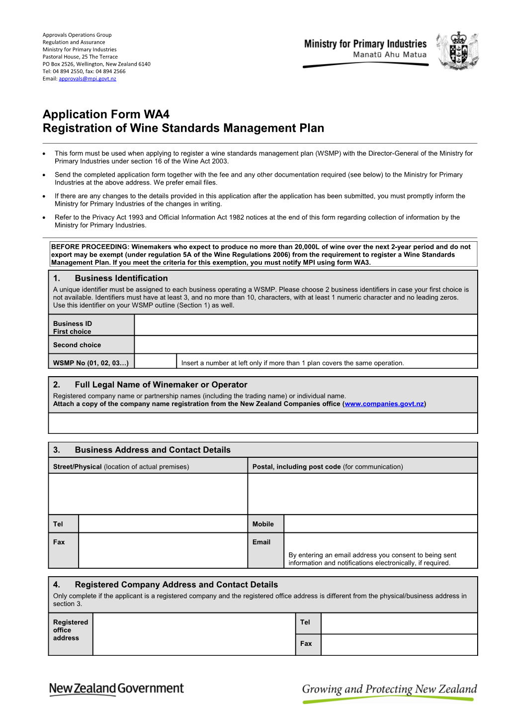 Application Form W-1: Registration of Wine Standards Management Plan