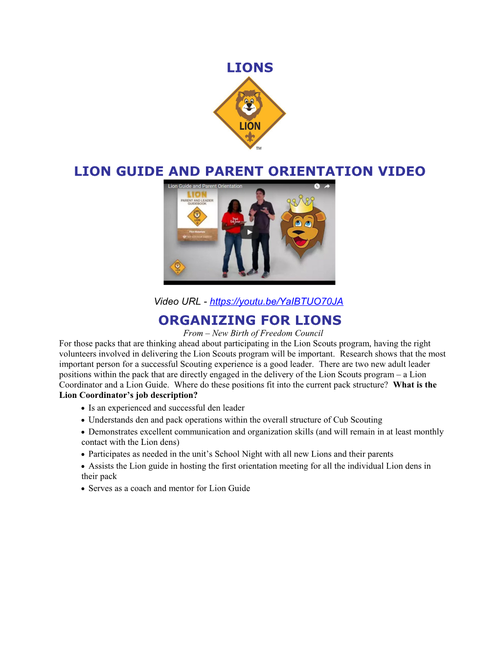 Lion Guide and Parent Orientation Video