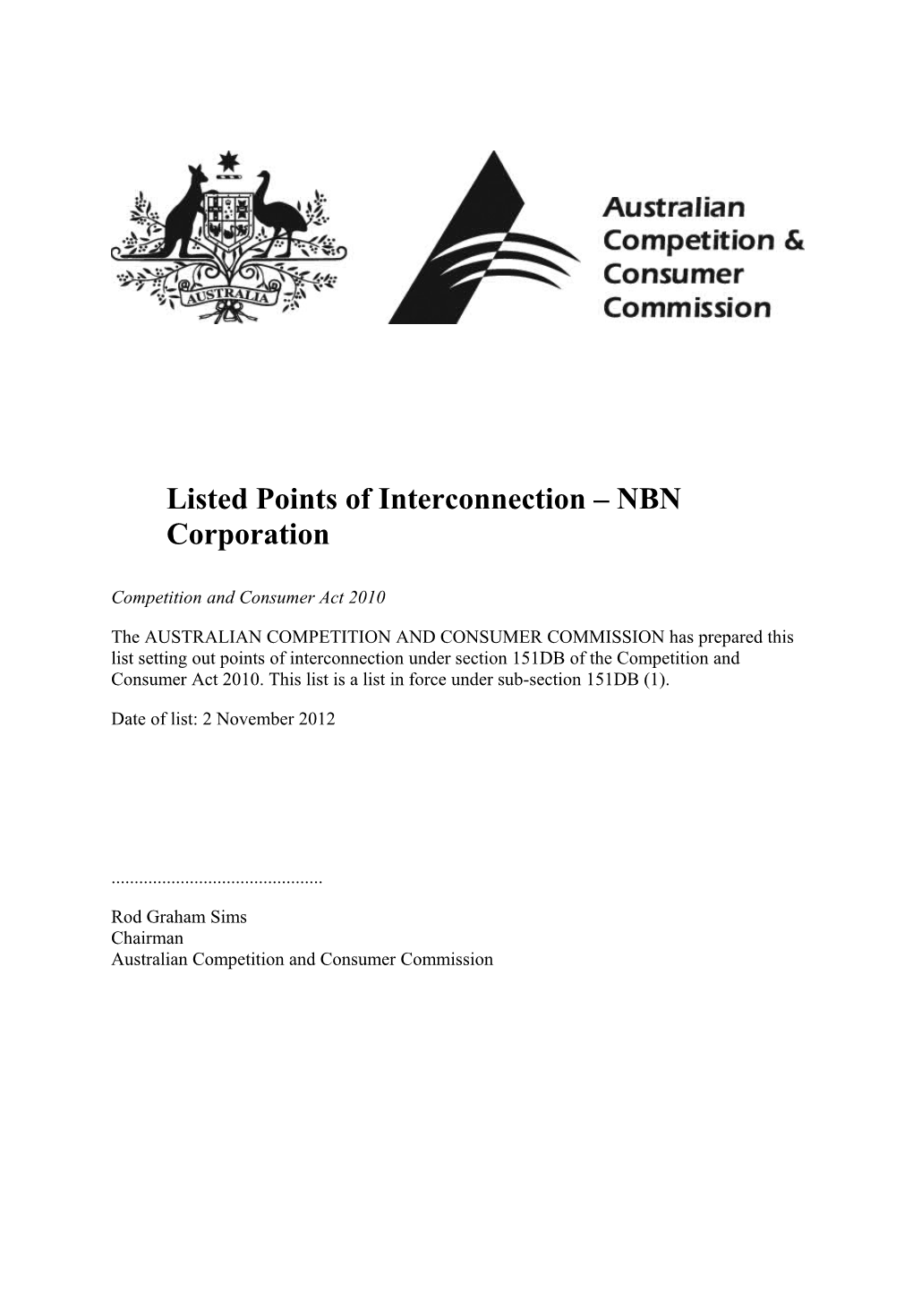 Listed Points of Interconnection NBN Corporation