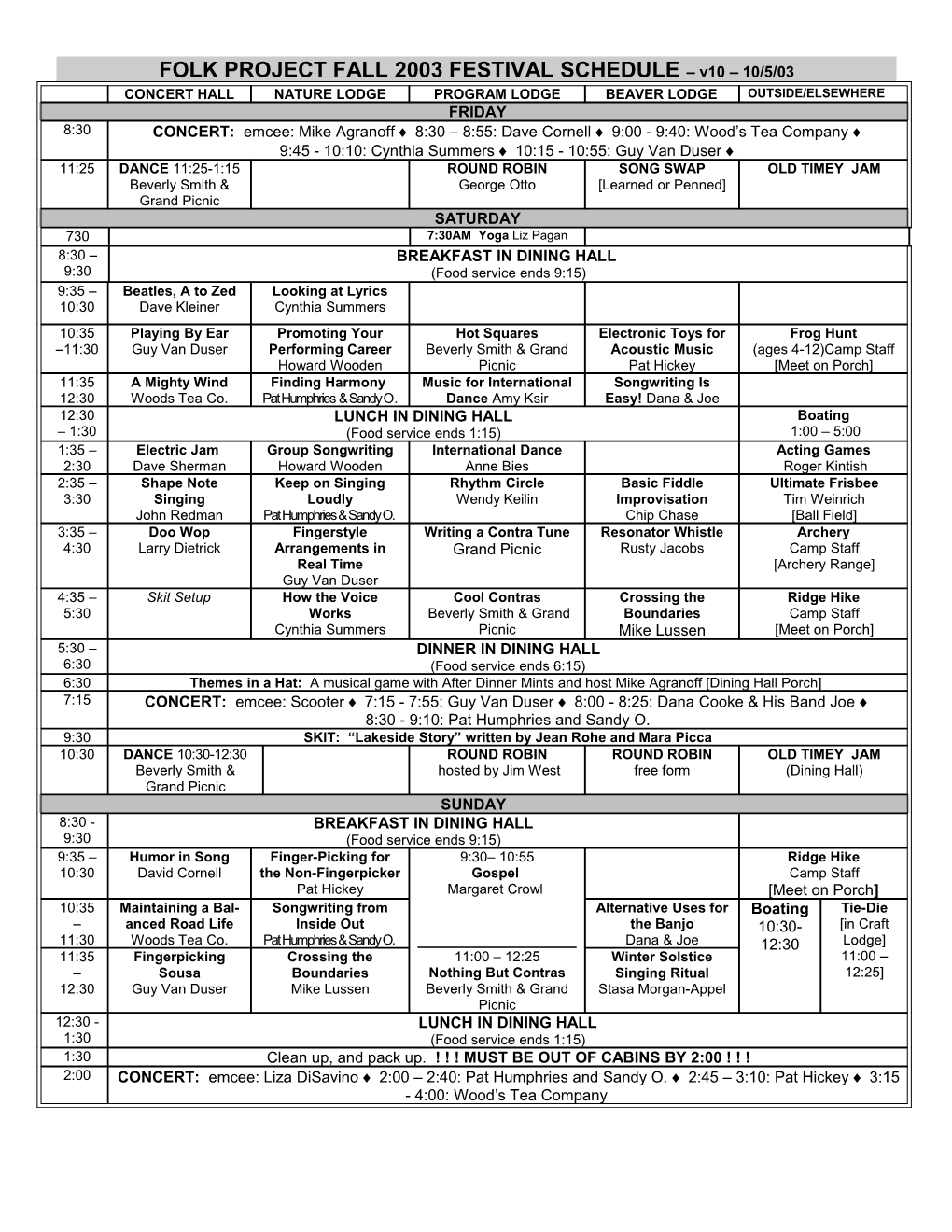 Workshop Schedule, Fall 2001