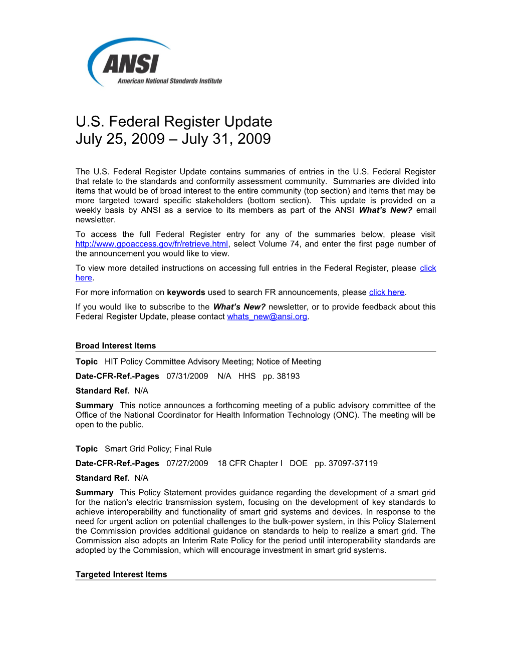 Standards and Trade Related Notices from the U.S. Federal Register, 7.31.09