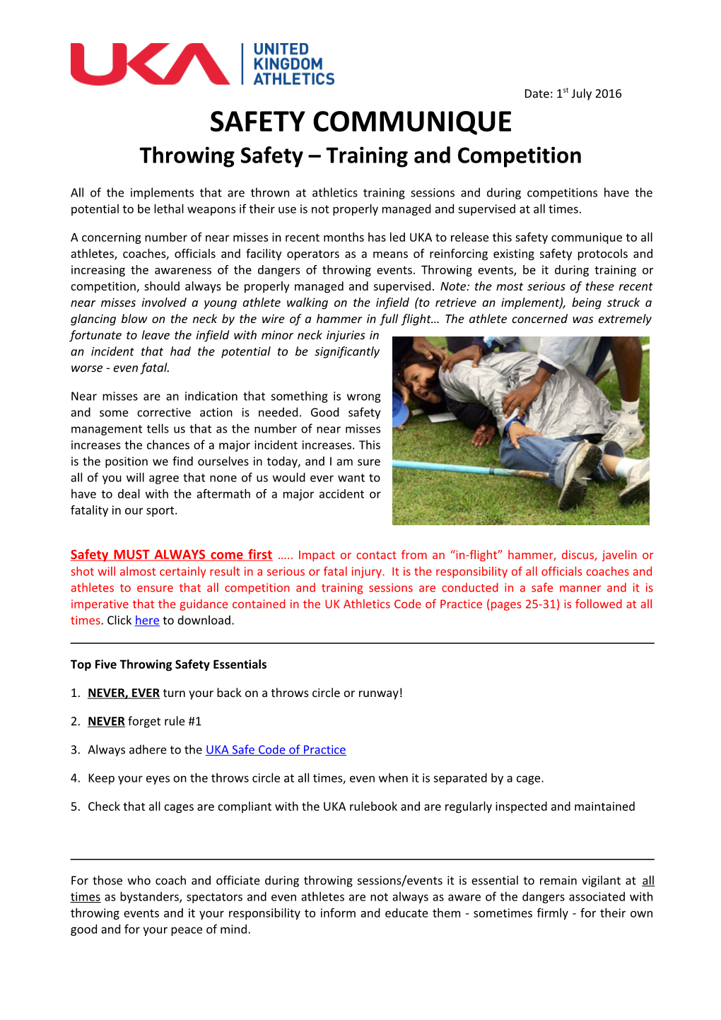 Throwing Safety Training and Competition