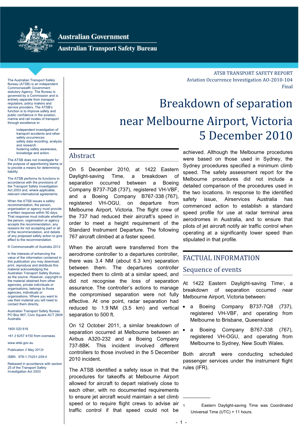 Breakdown of Separation Near Melbourne Airport, Victoria 5 December 2010