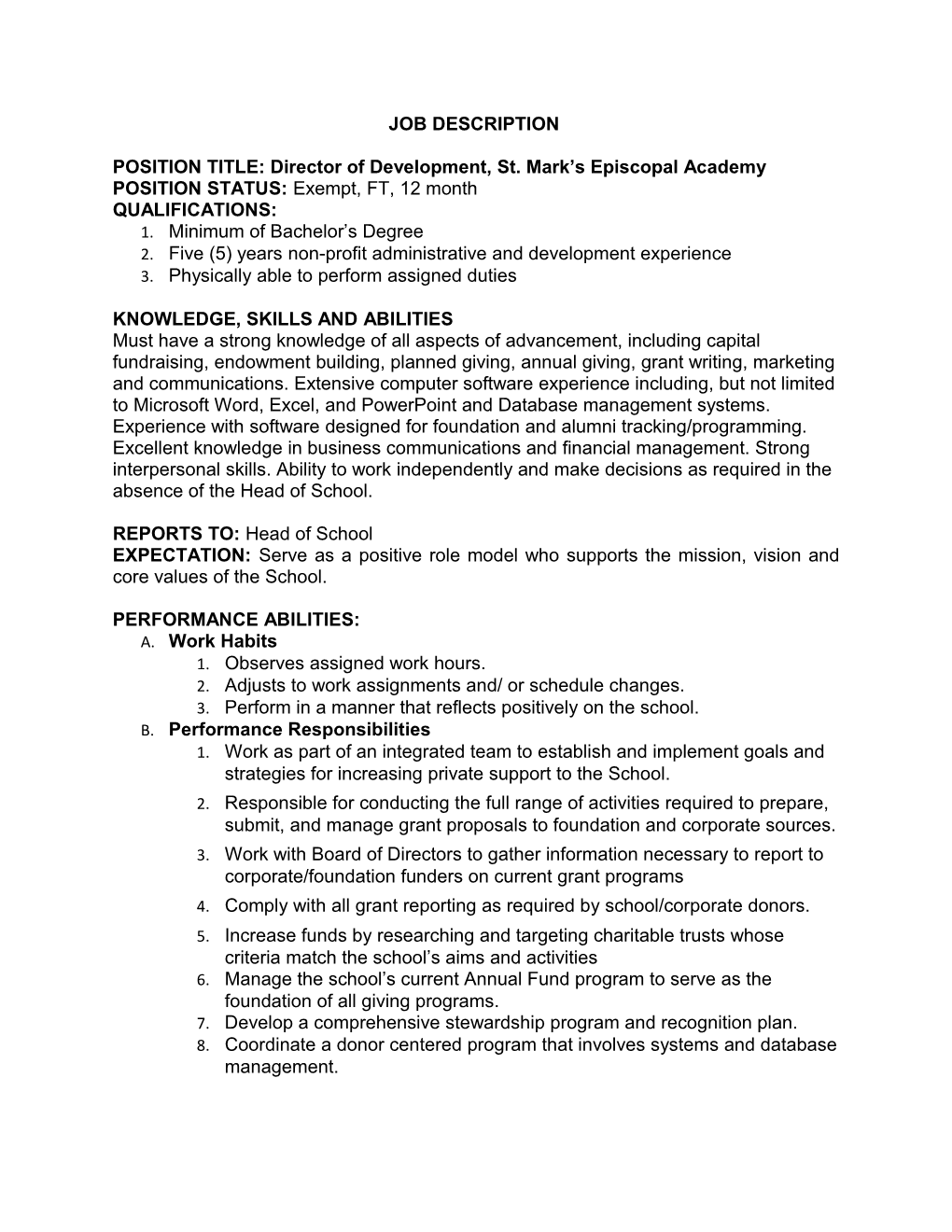 POSITION TITLE: Director of Development, St. Mark S Episcopal Academy