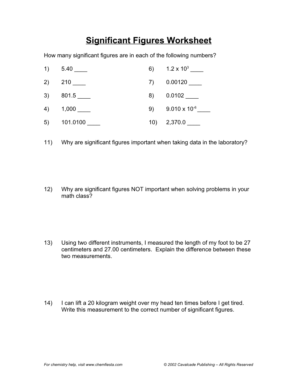 Significant Figures Worksheet