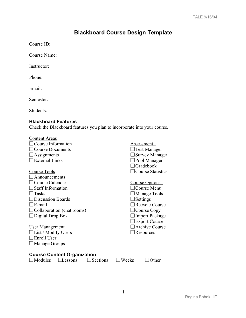 Blackboard Course Design Template