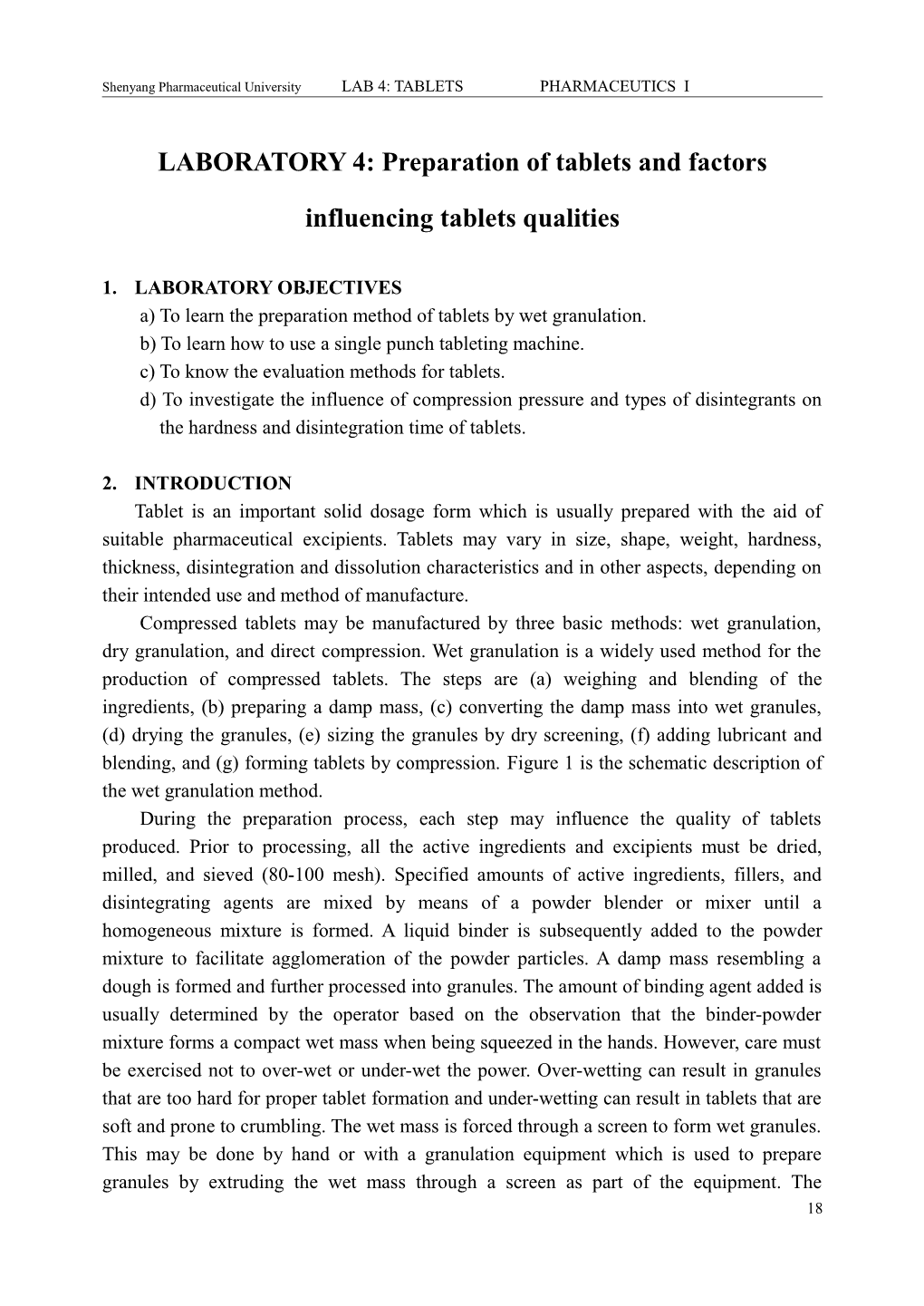 LABORATORY 4: Preparation of Tablets and Factors Influencing Tablets Qualities