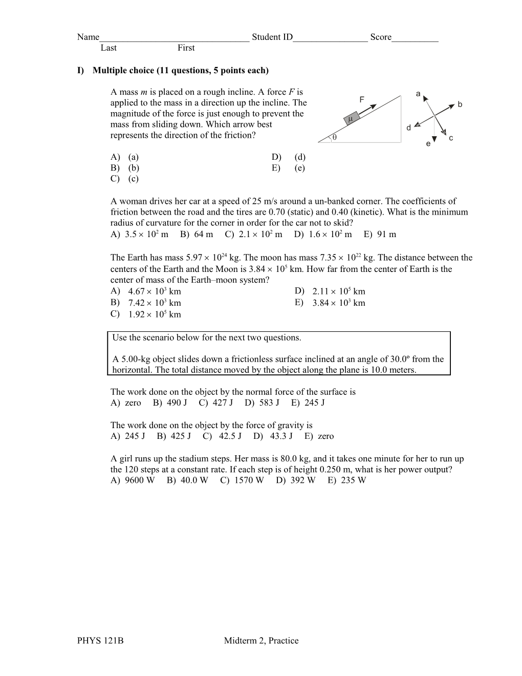 I) Multiple Choice (11 Questions, 5 Points Each)