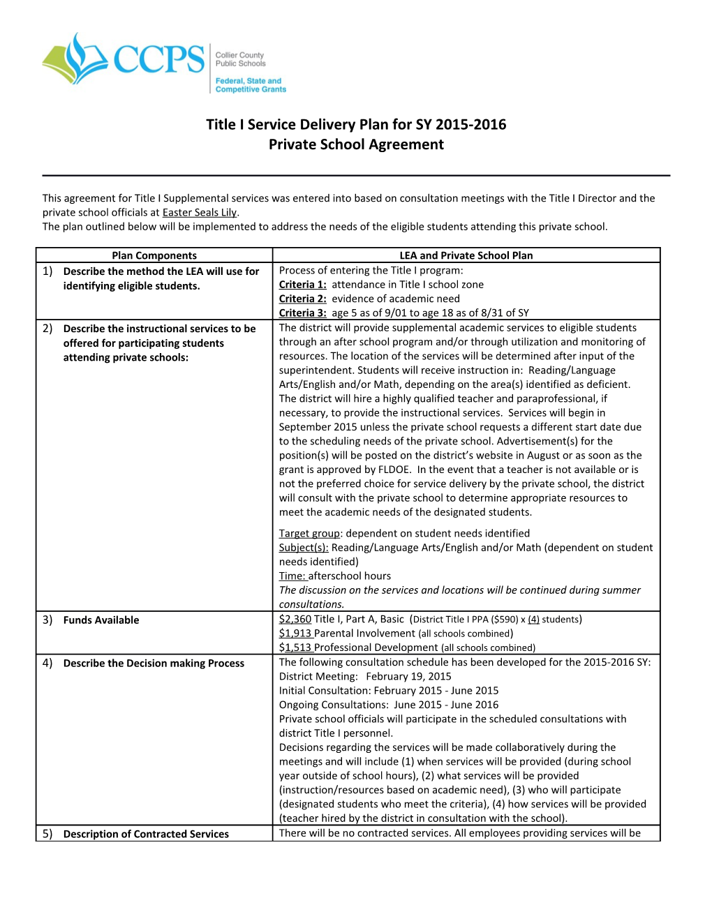 Title I Service Delivery Plan for SY 2012-2013