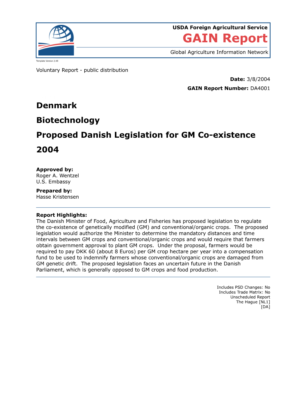 Proposed Danish Legislation for GM Co-Existence