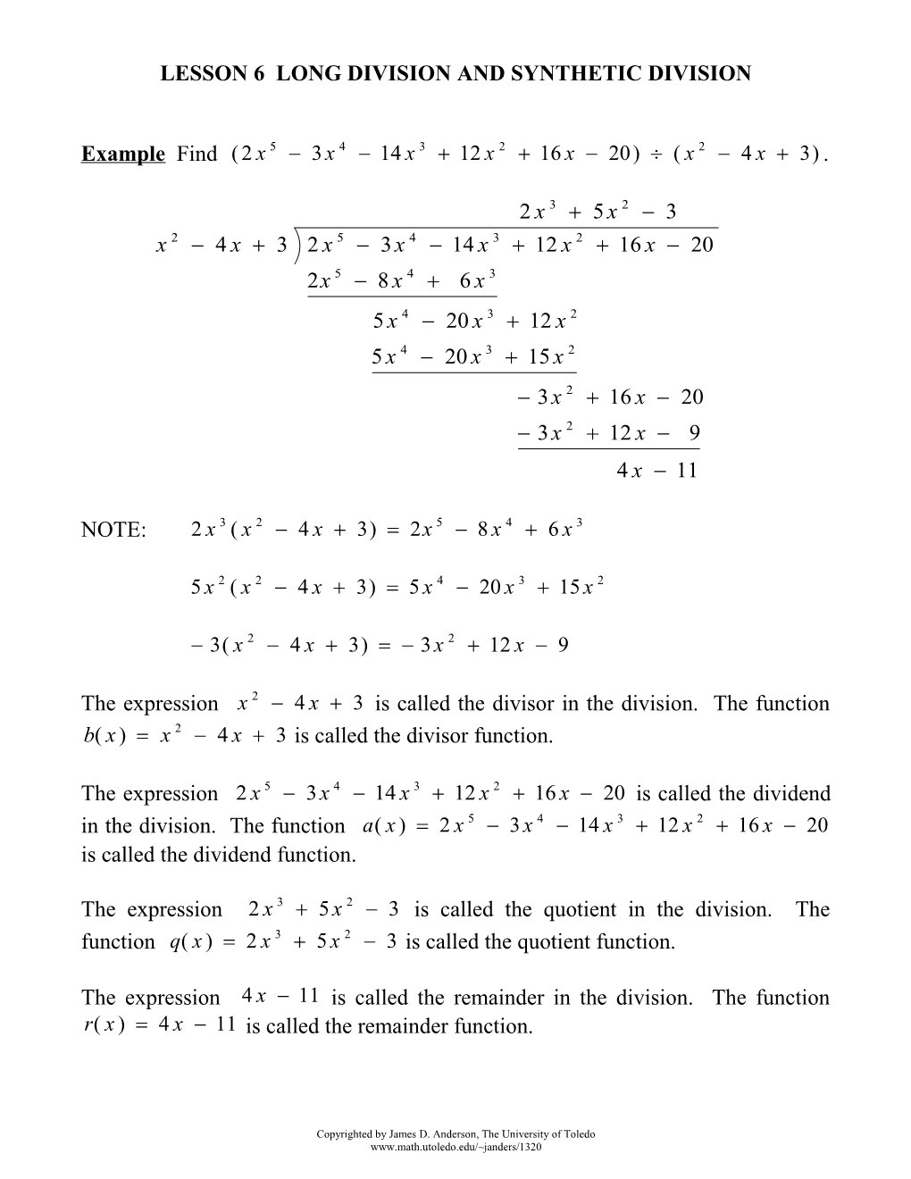 Lesson 6 Long Division and Synthetic Division