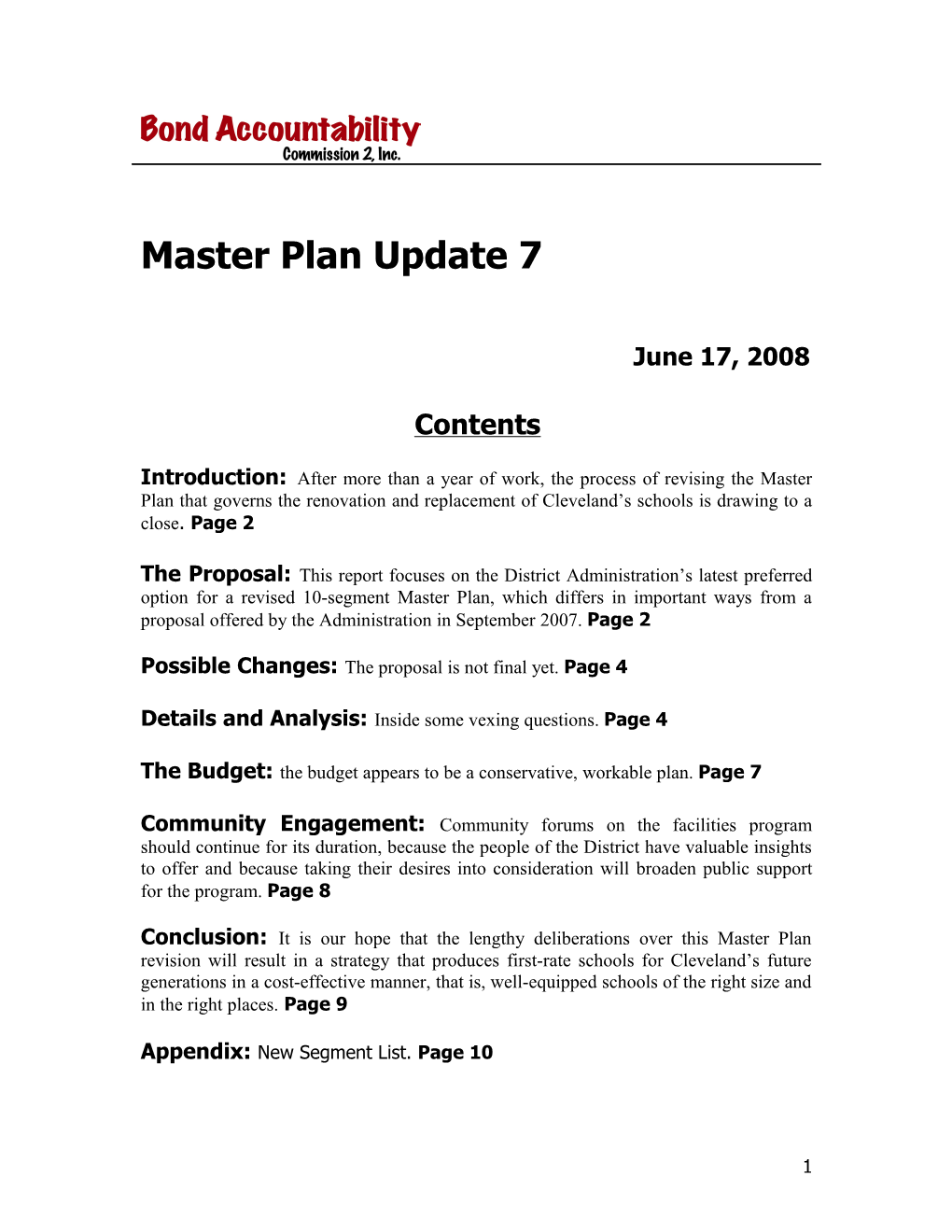 Outline for Master Plan Update 7
